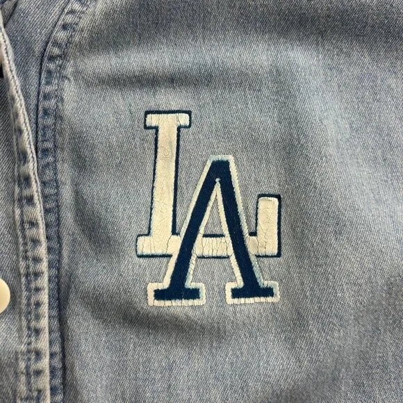 Bridge Sports Wear Vintage Light Wash Denim Chambray LA Dodgers Jersey L - Picture 3 of 9